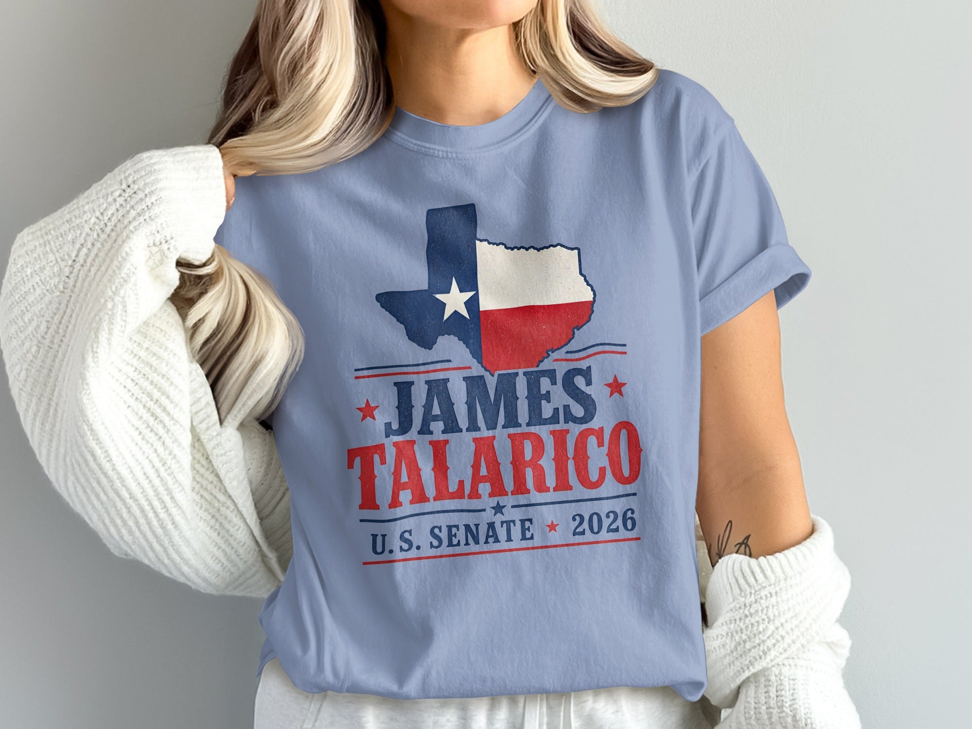 Light blue t-shirt with Texas shape, "James Talarico U.S. Senate 2026" text.