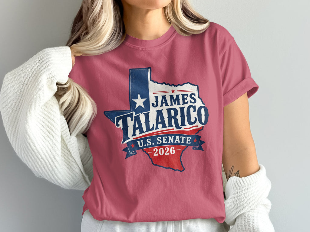 James Talarico U.S. Senate 2026 graphic on a pink t-shirt.