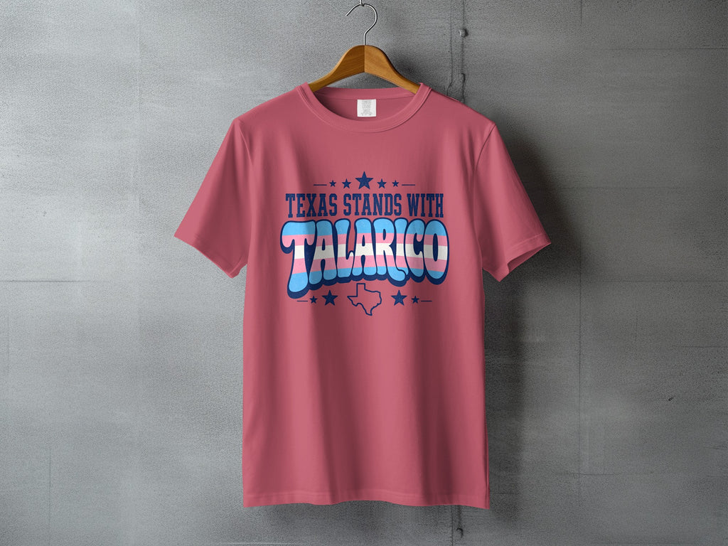 Pink t-shirt with "Texas Stands With Talarico" in bold blue text.