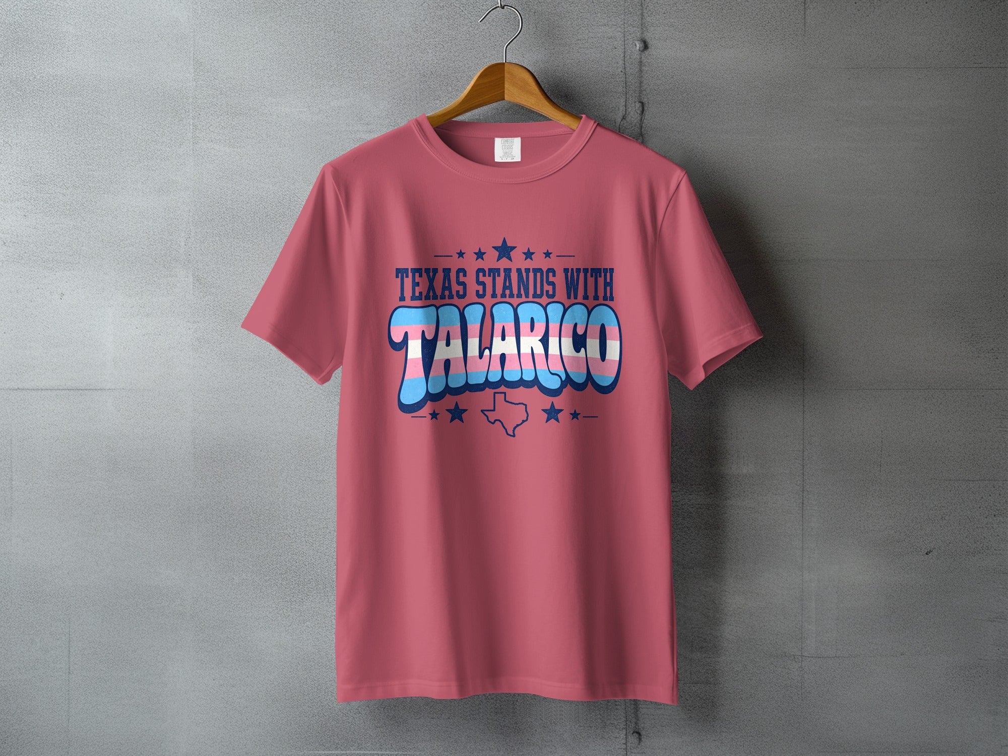 Pink t-shirt with "Texas Stands With Talarico" in bold blue text.