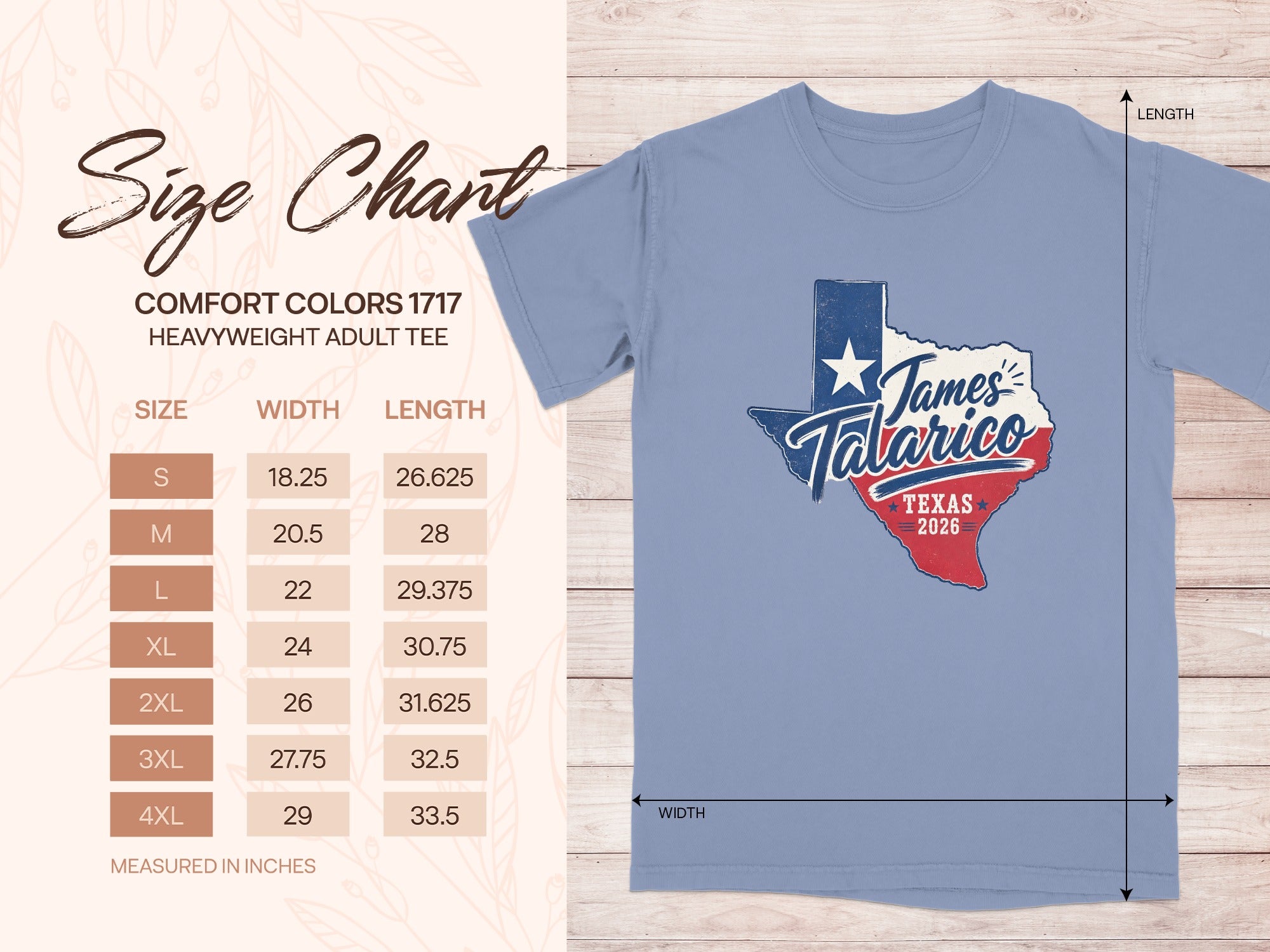 Comfort Colors 1717 size chart for heavyweight adult tees with Texas Talarico graphic.