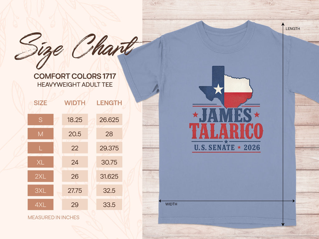 James Talarico U.S. Senate 2026 graphic on a size chart for a heavyweight adult tee.