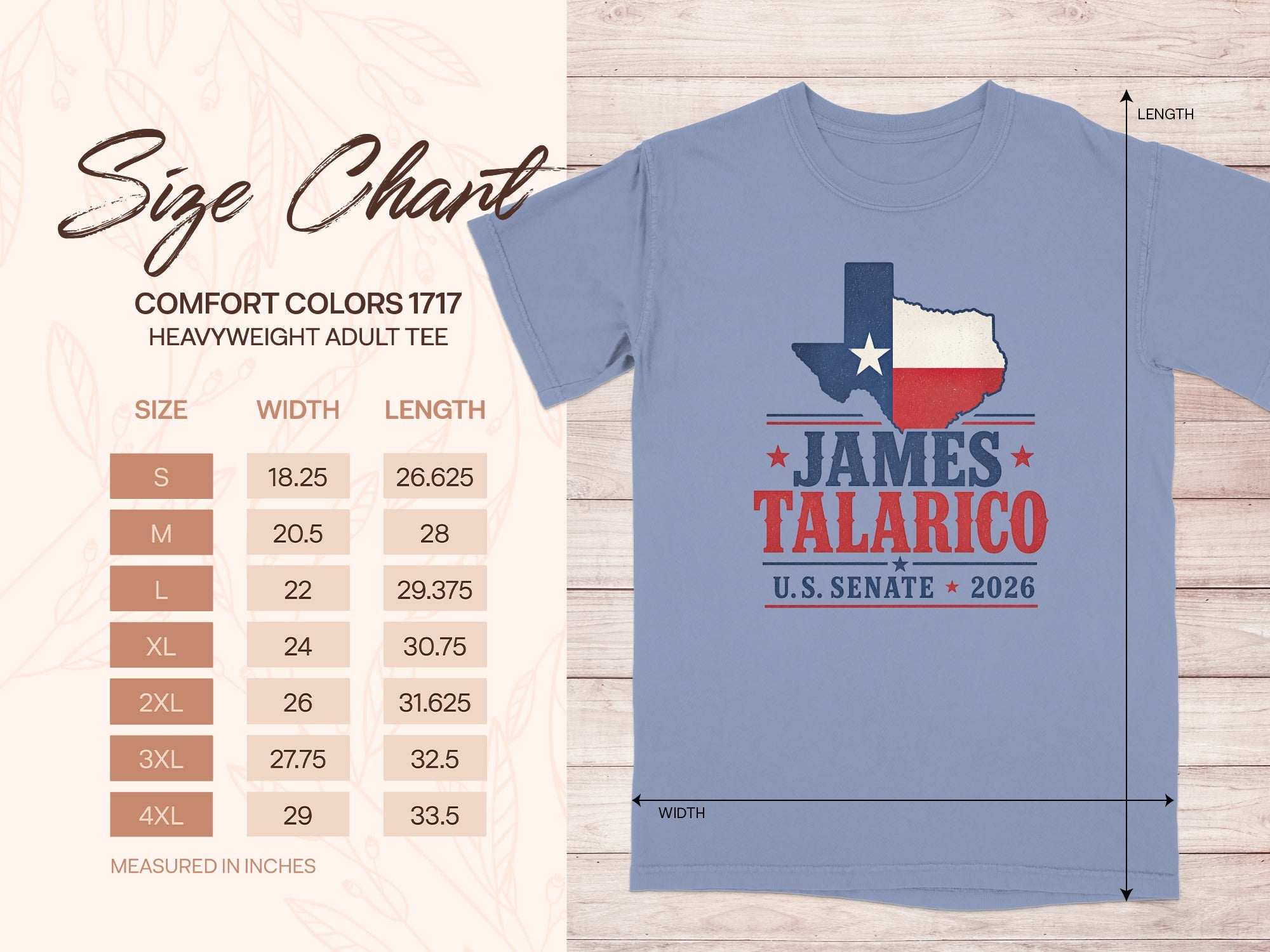 James Talarico U.S. Senate 2026 graphic on a size chart for a heavyweight adult tee.