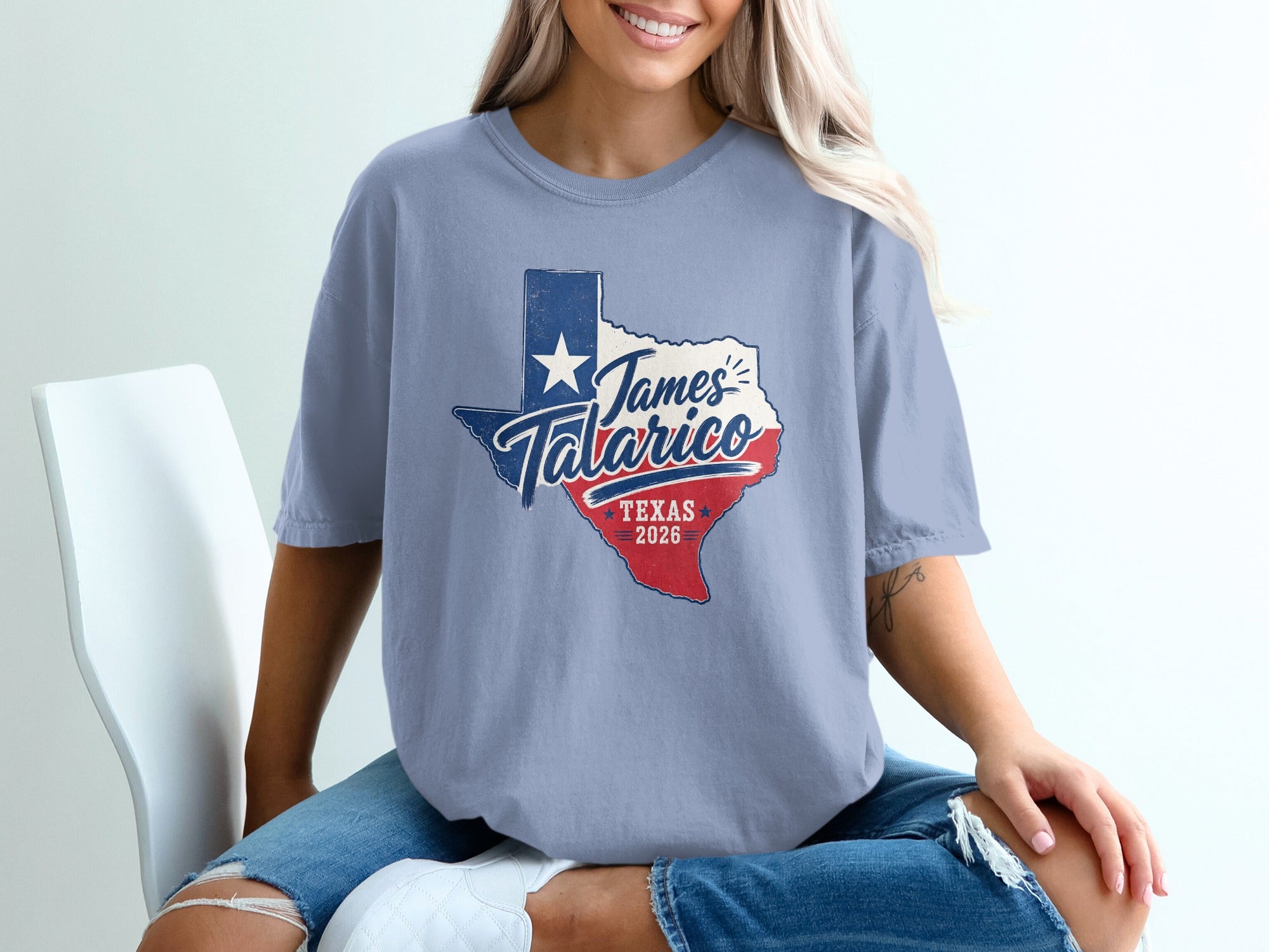 Talarico Texas 2026 design on a light blue t-shirt.