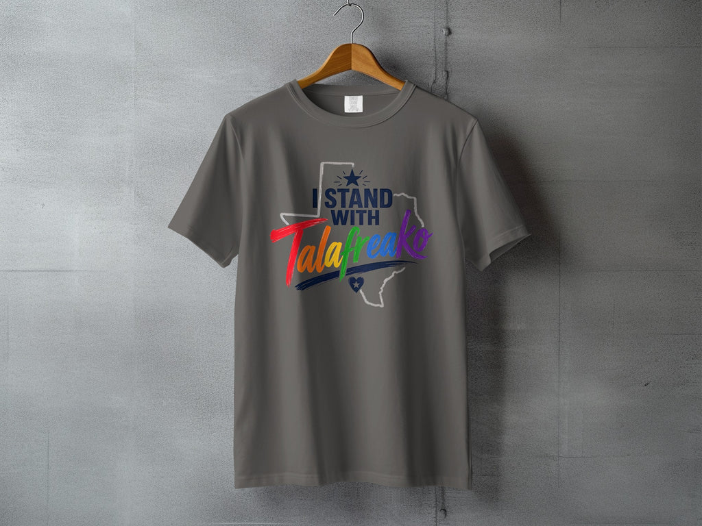 Gray t-shirt with "I stand with Texas" and rainbow heart graphic.