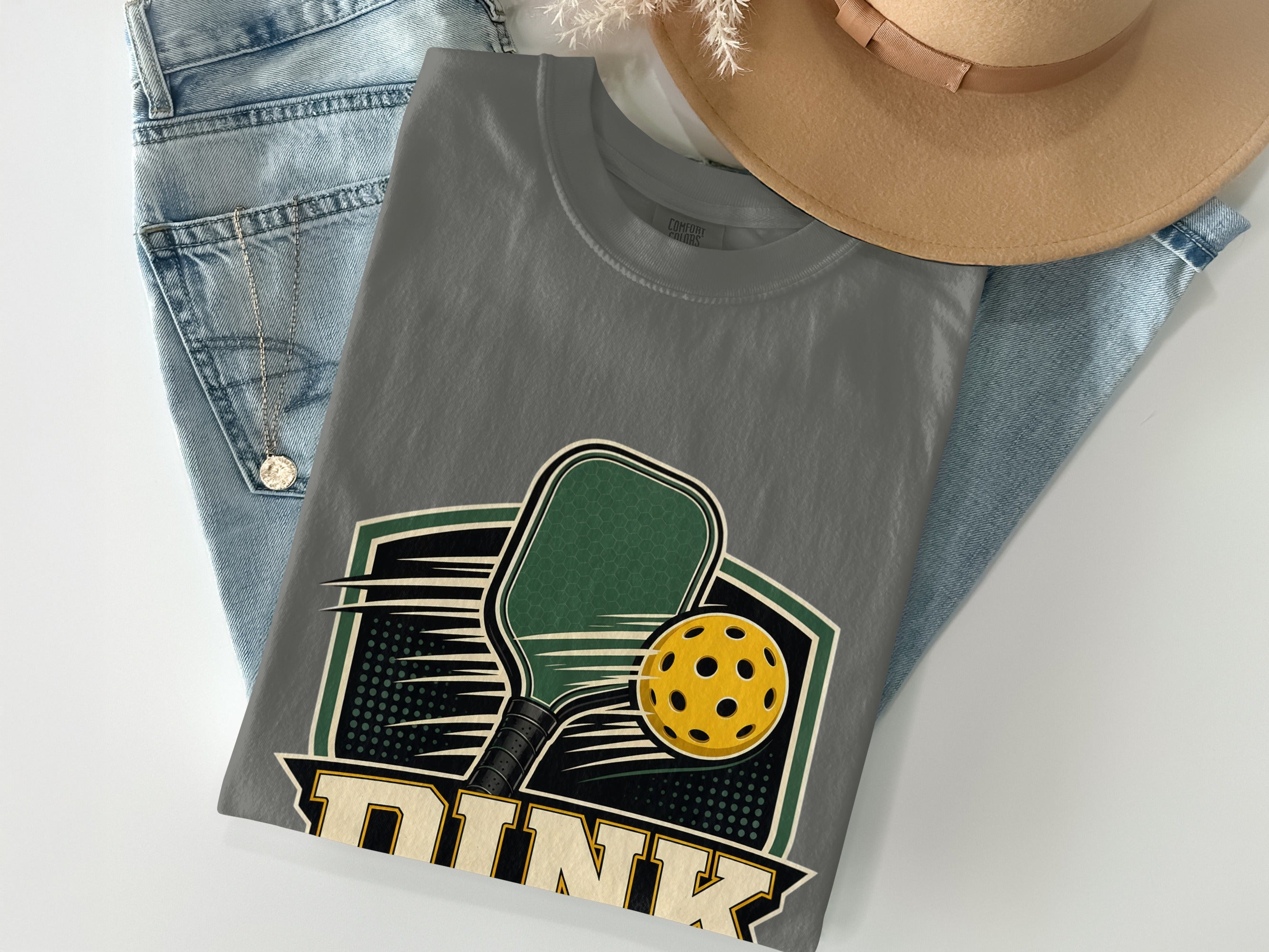 Gray t-shirt with pickleball graphic and the word "DINK"