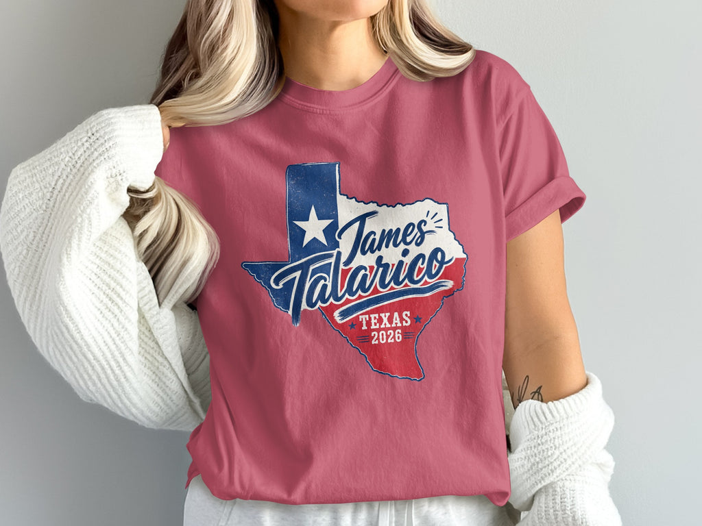 Texas map graphic with "James Talarico 2026" text on a maroon t-shirt.