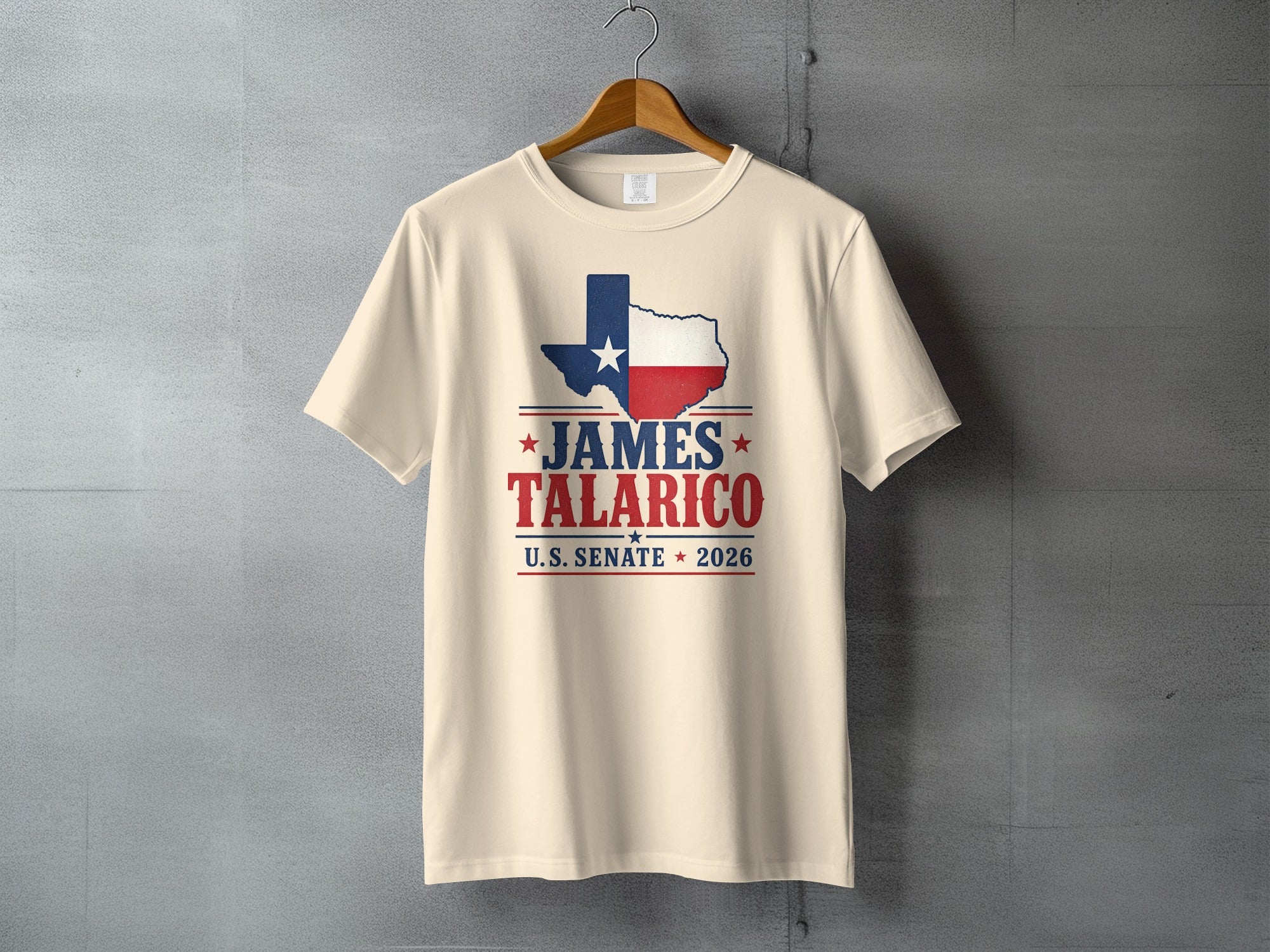 Cream t-shirt with Texas outline and "James Talario U.S. Senate 2026".