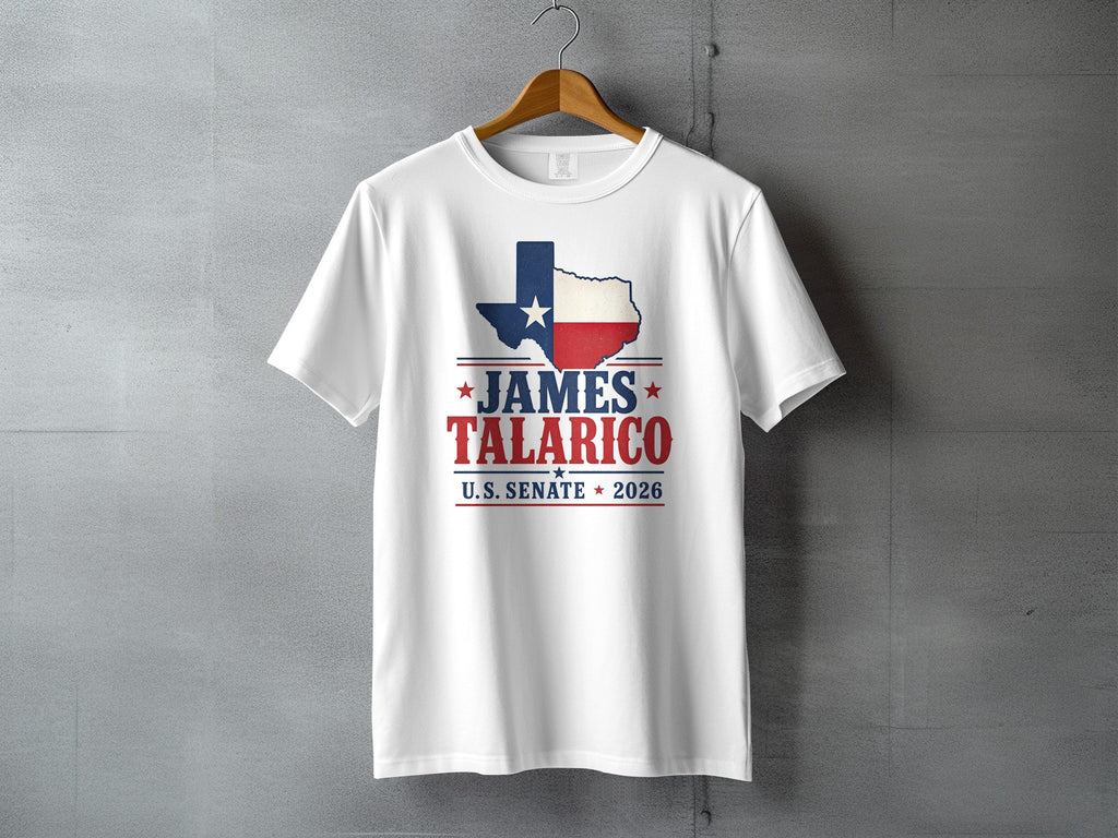 White t-shirt with "James Talarico U.S. Senate 2026" and Texas map logo.