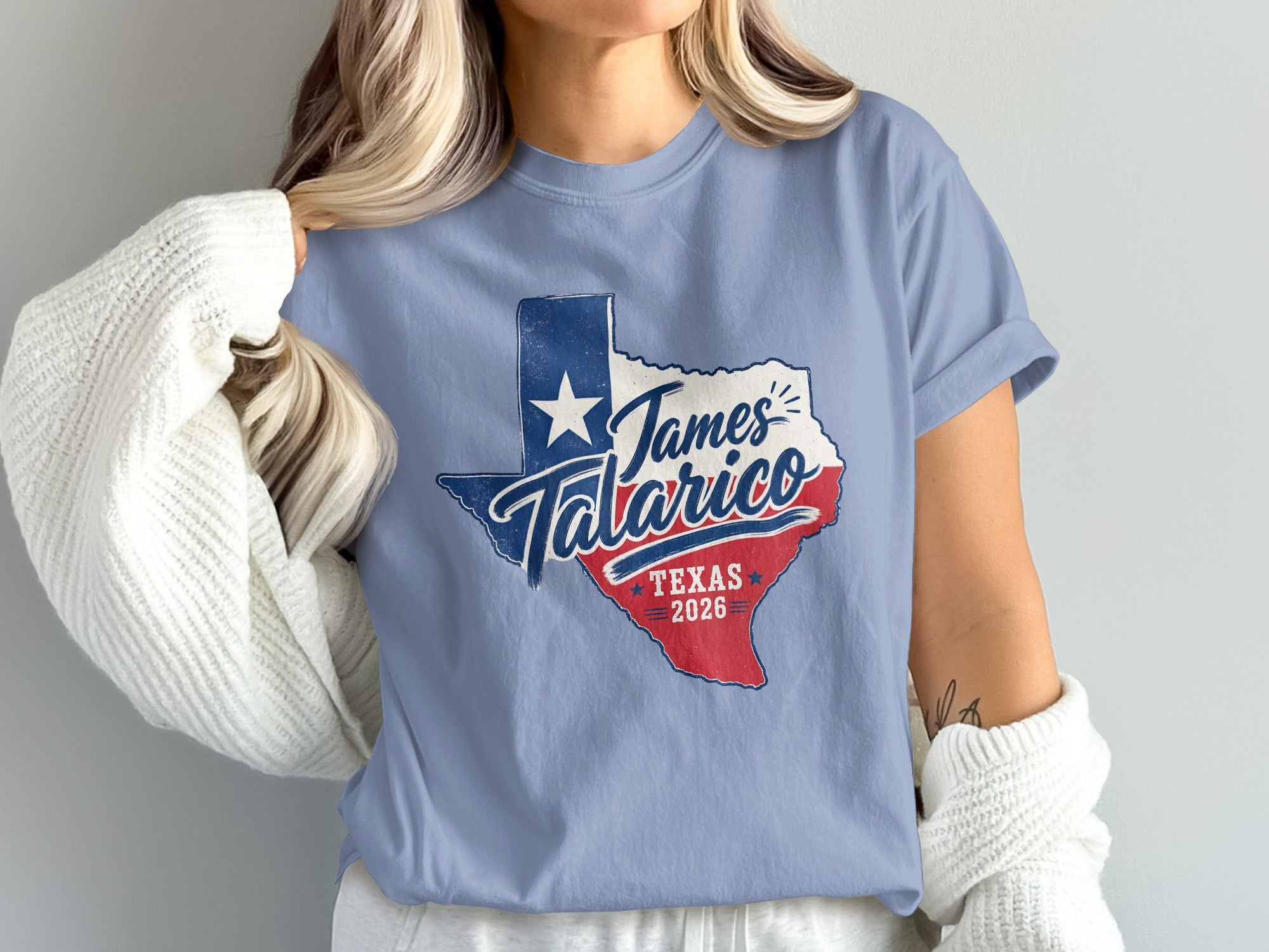 Light blue t-shirt with Texas outline, James TalariCO 2026 text, and star.
