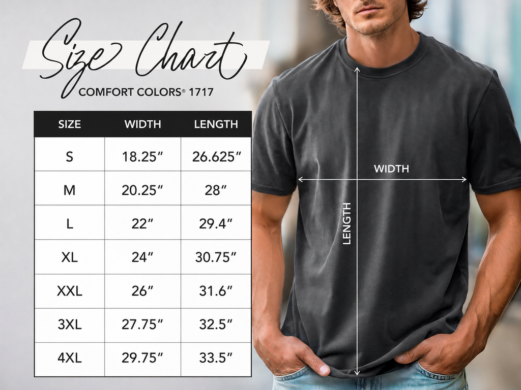 Comfort Colors 1717 t-shirt size chart with width and length measurements.