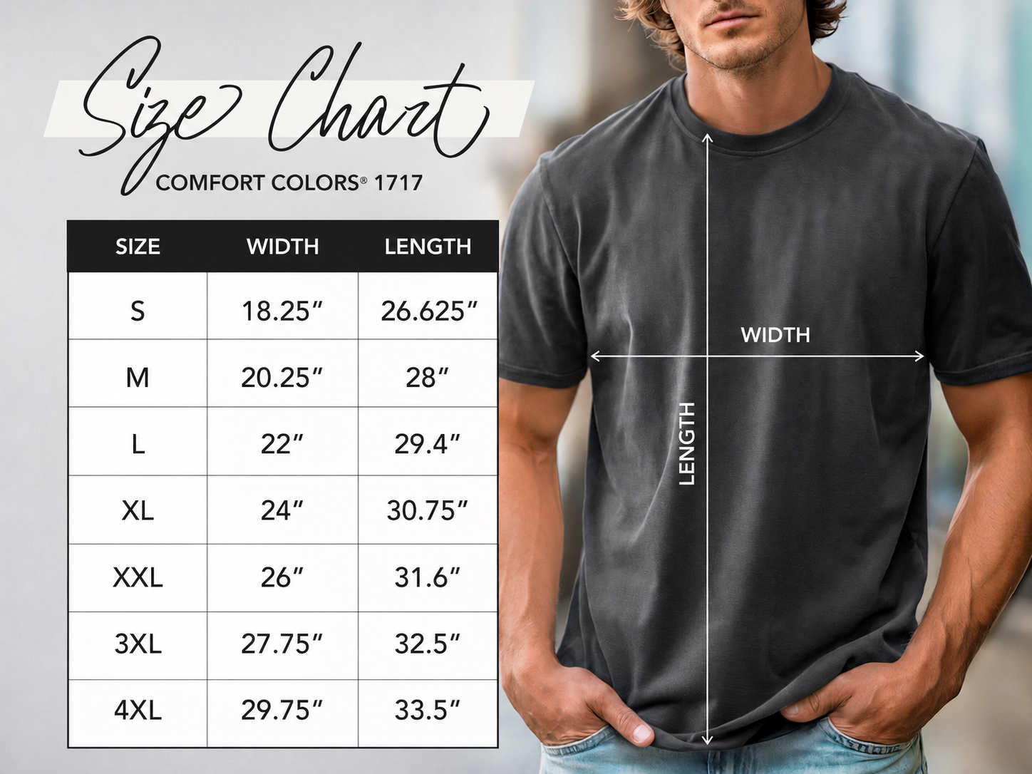 Comfort Colors 1717 t-shirt size chart with width and length measurements.