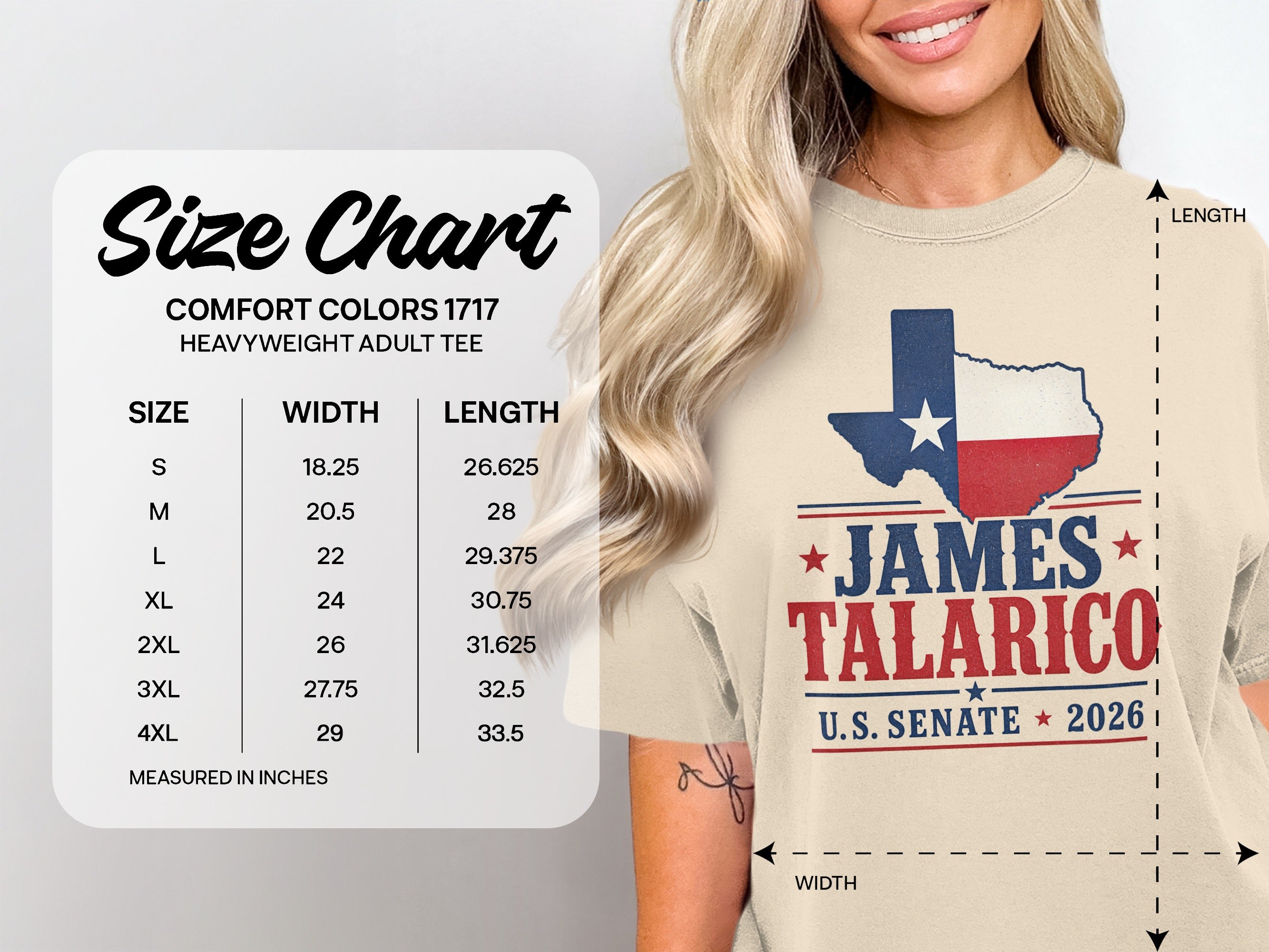 Size chart for Comfort Colors 1717 heavyweight adult tee with measurements.