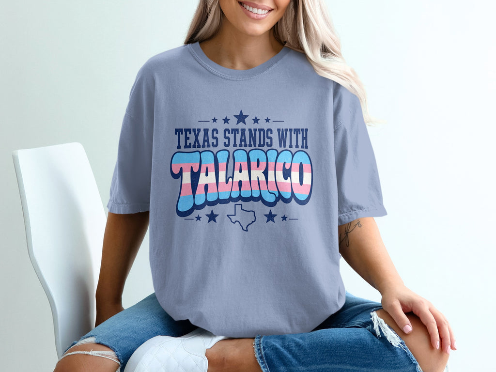 Light blue t-shirt with "Texas Stands With Talarico" and Texas outline.
