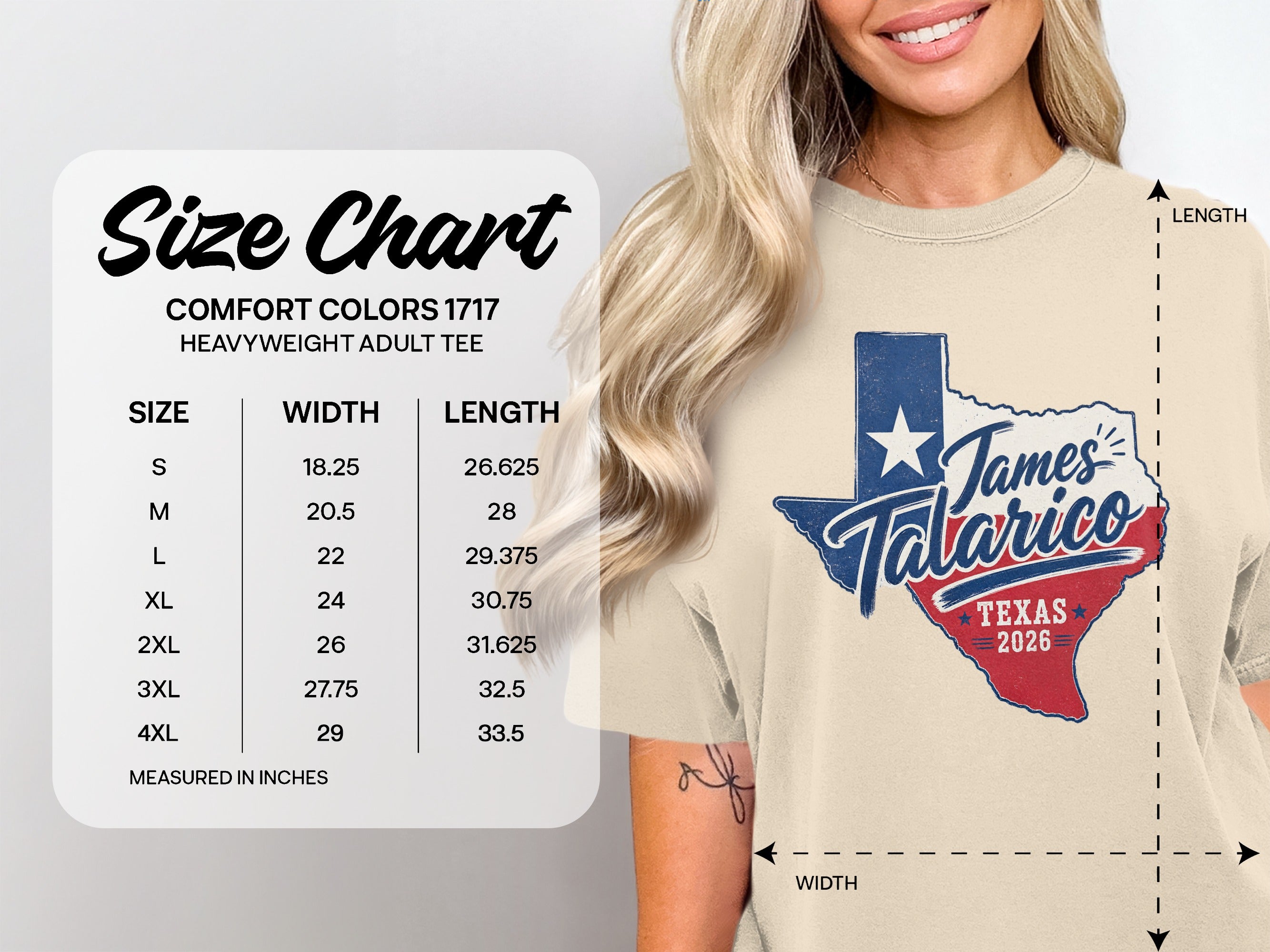 Comfort Colors 1717 heavyweight adult tee size chart with measurements.