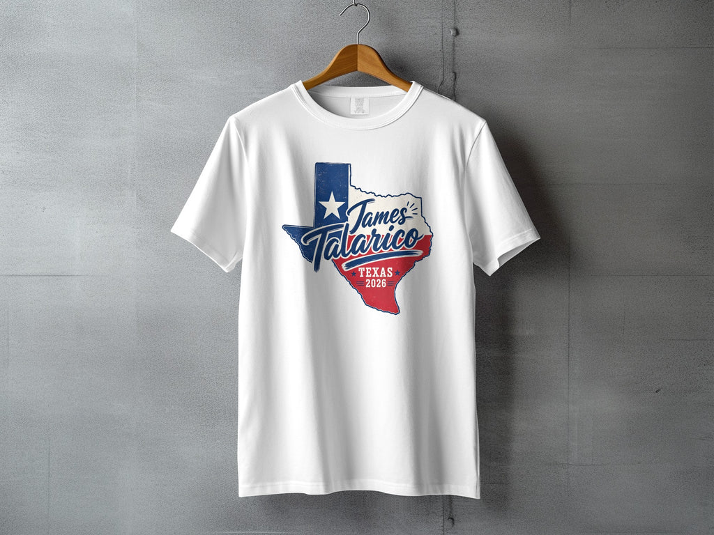 White t-shirt featuring a Texas outline with "James Talarico" and "TEXAS 2026".