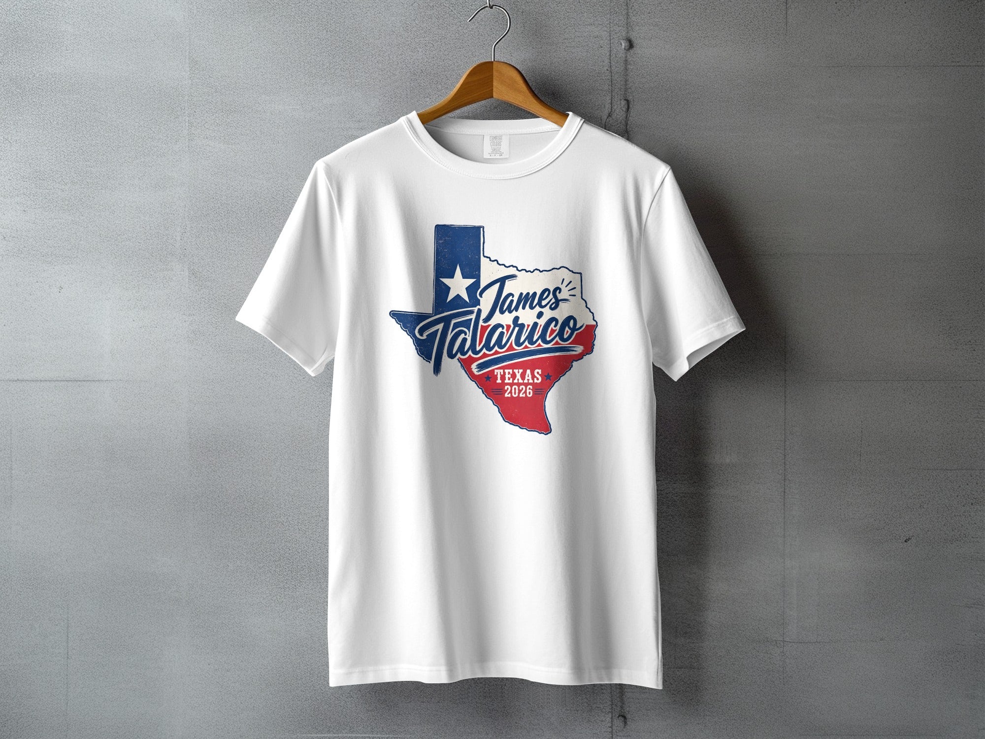 White t-shirt featuring a Texas outline with "James Talarico" and "TEXAS 2026".