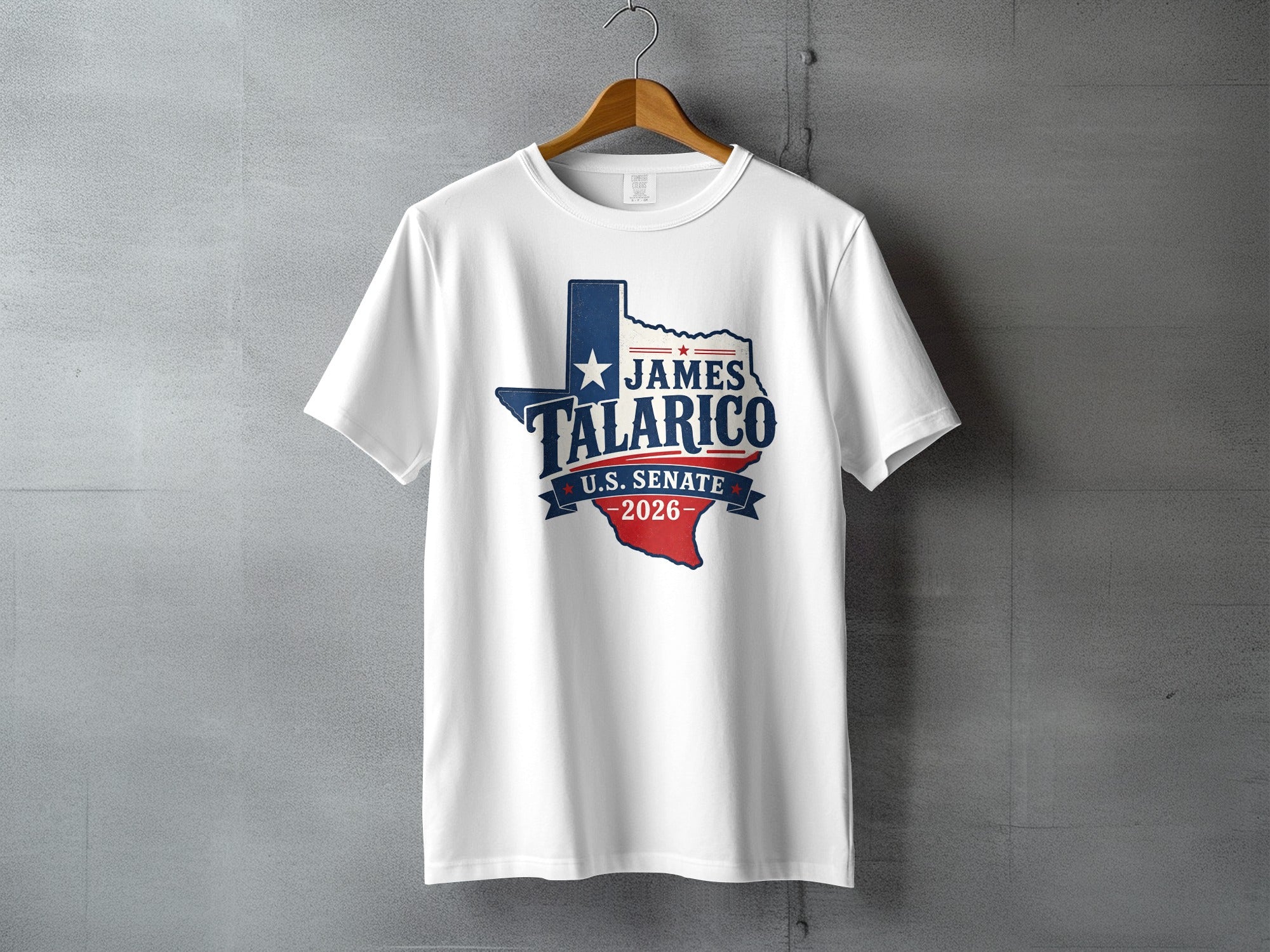 White t-shirt with "James Talarico U.S. Senate 2026" and Texas outline.