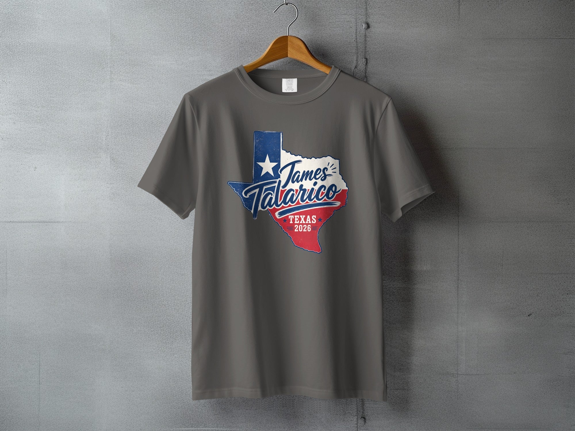 Gray t-shirt with Texas map graphic and "James Talarico Texas 2026" text.