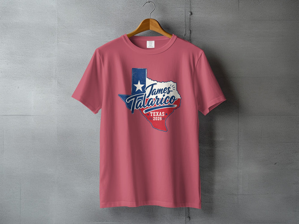 Pink t-shirt with James Talarico Texas 2026 graphic featuring a Texas map.