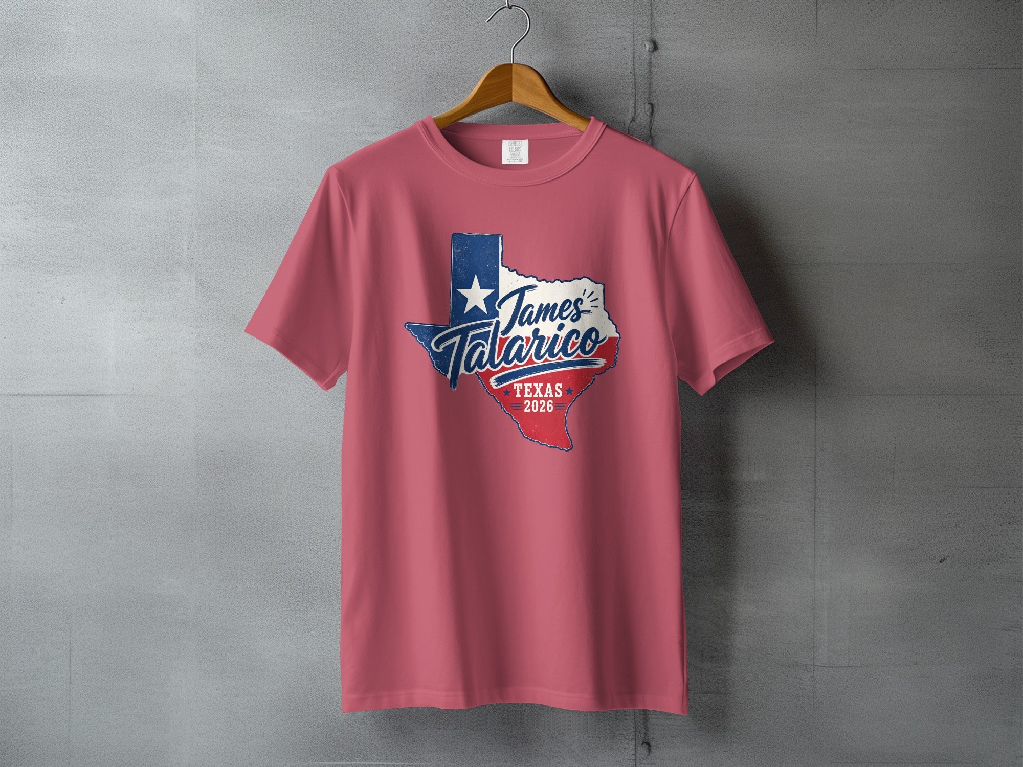 Pink t-shirt with James Talarico Texas 2026 graphic featuring a Texas map.