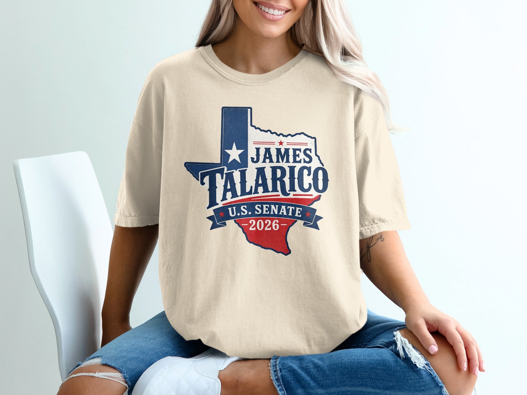 James Talarico U.S. Senate 2026 logo on a cream t-shirt.