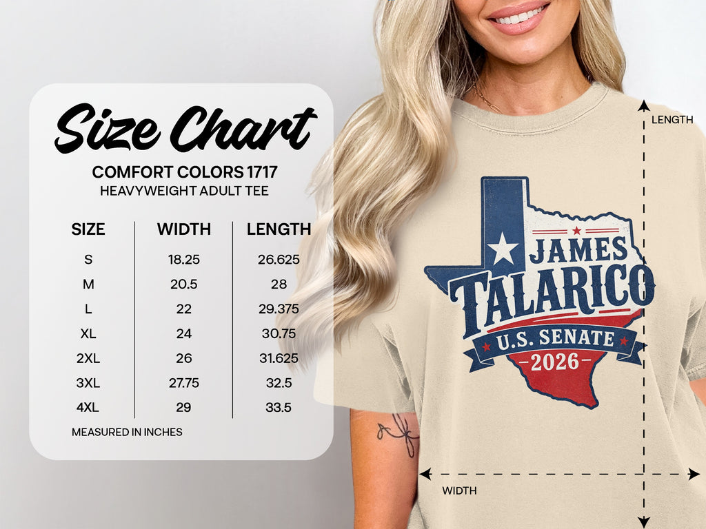 T-shirt size chart with James Talarico U.S. Senate graphic.