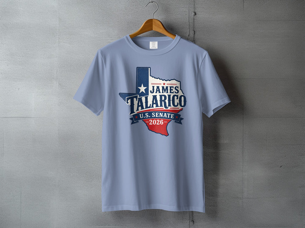 Light blue t-shirt with "James Talarico U.S. Senate 2026" and Texas flag design.