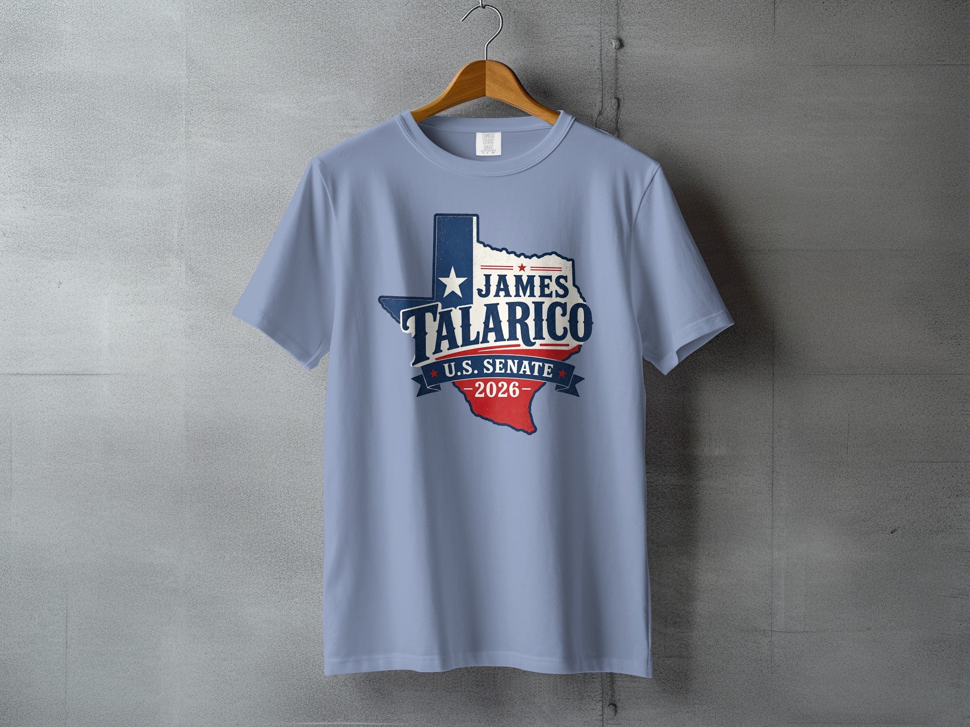 Light blue t-shirt with "James Talarico U.S. Senate 2026" and Texas flag design.