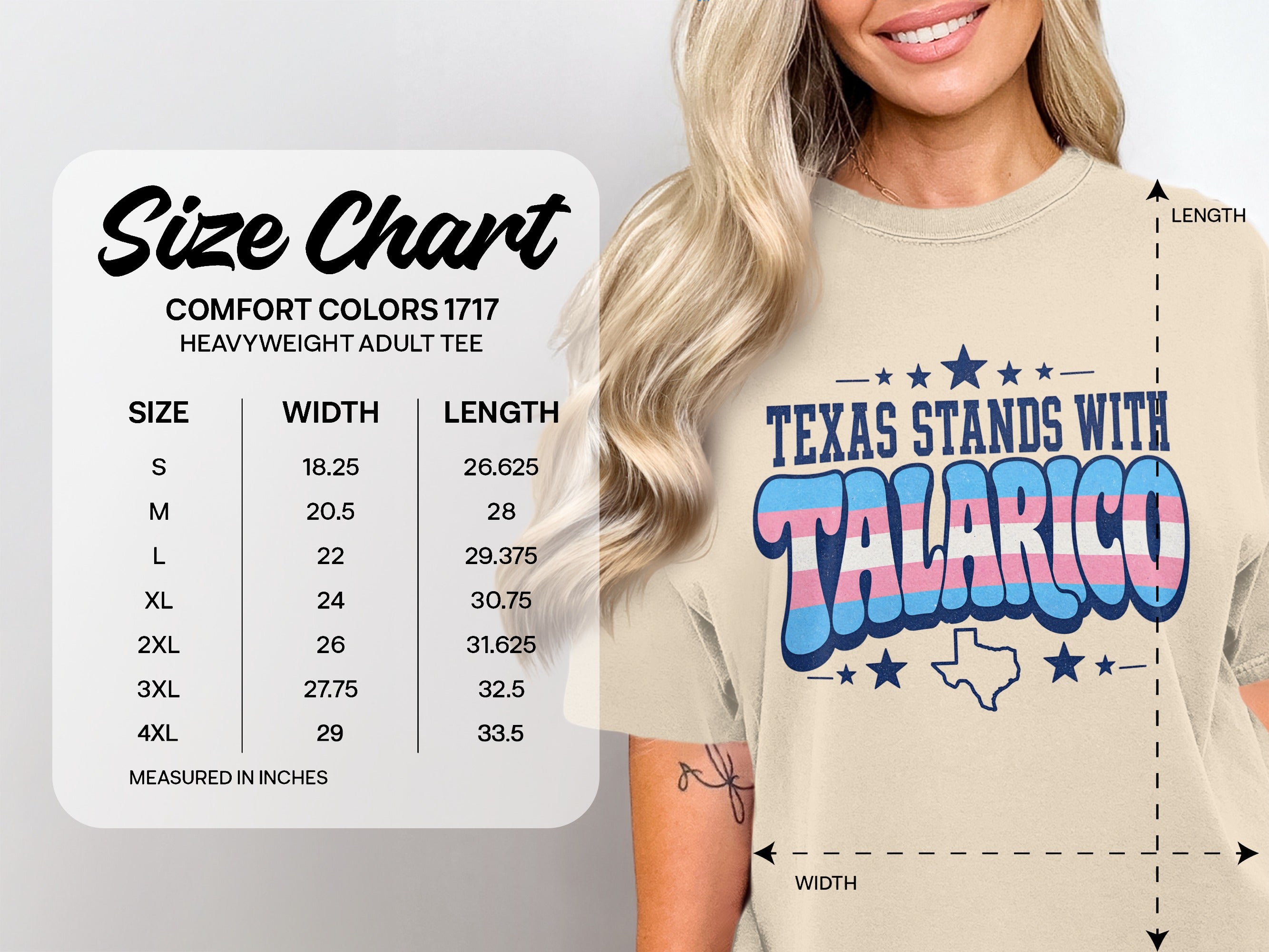 Size chart for heavyweight adult tee with Texas Stands With Talar.co text.