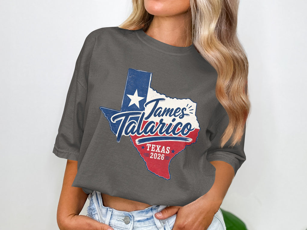 Gray t-shirt with Texas map outline and "James Talarico Texas 2026" text.