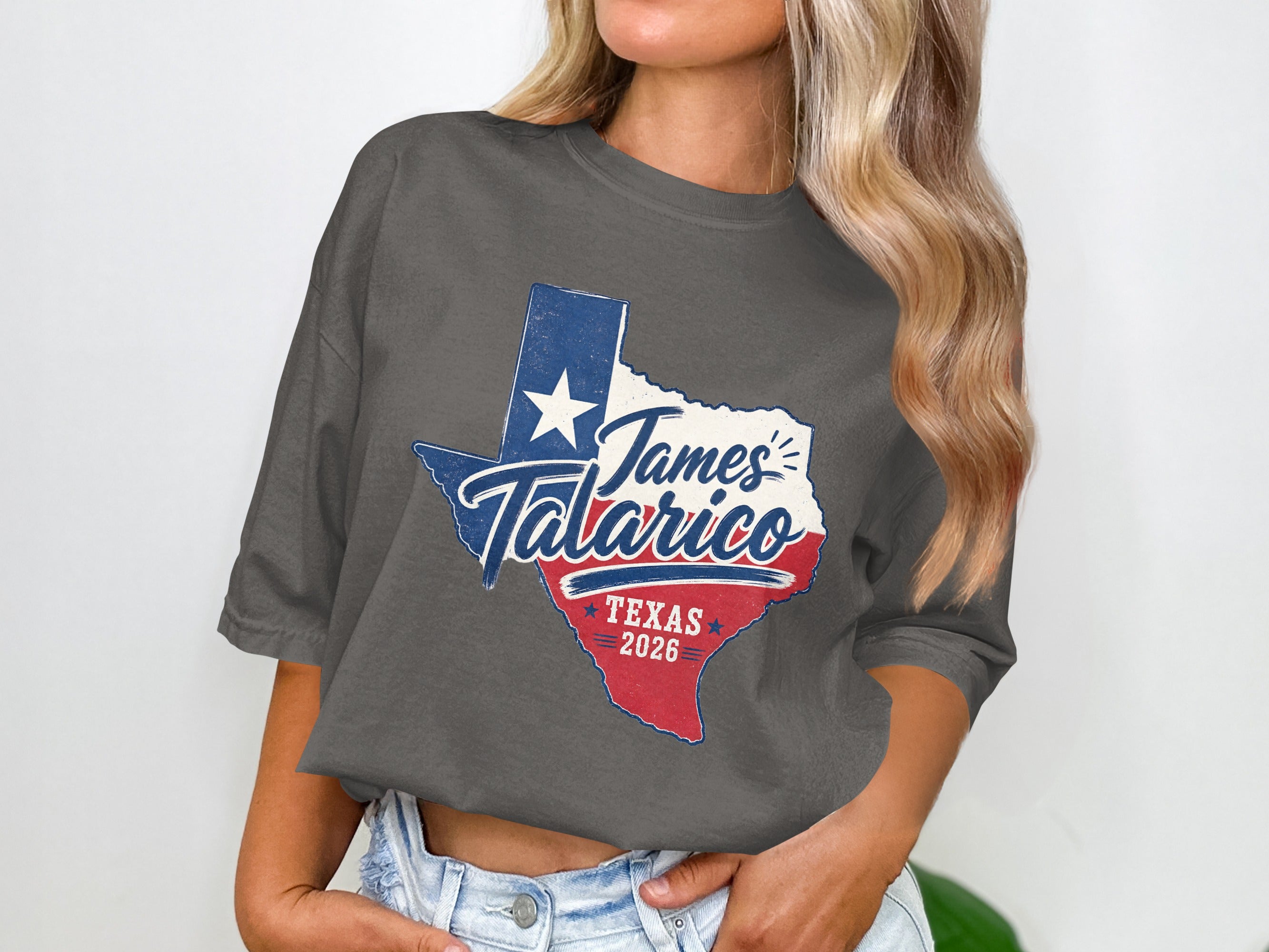 Gray t-shirt with Texas map outline and "James Talarico Texas 2026" text.
