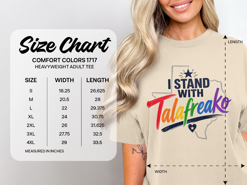 Size chart for Comfort Colors 1717 heavyweight adult tee.