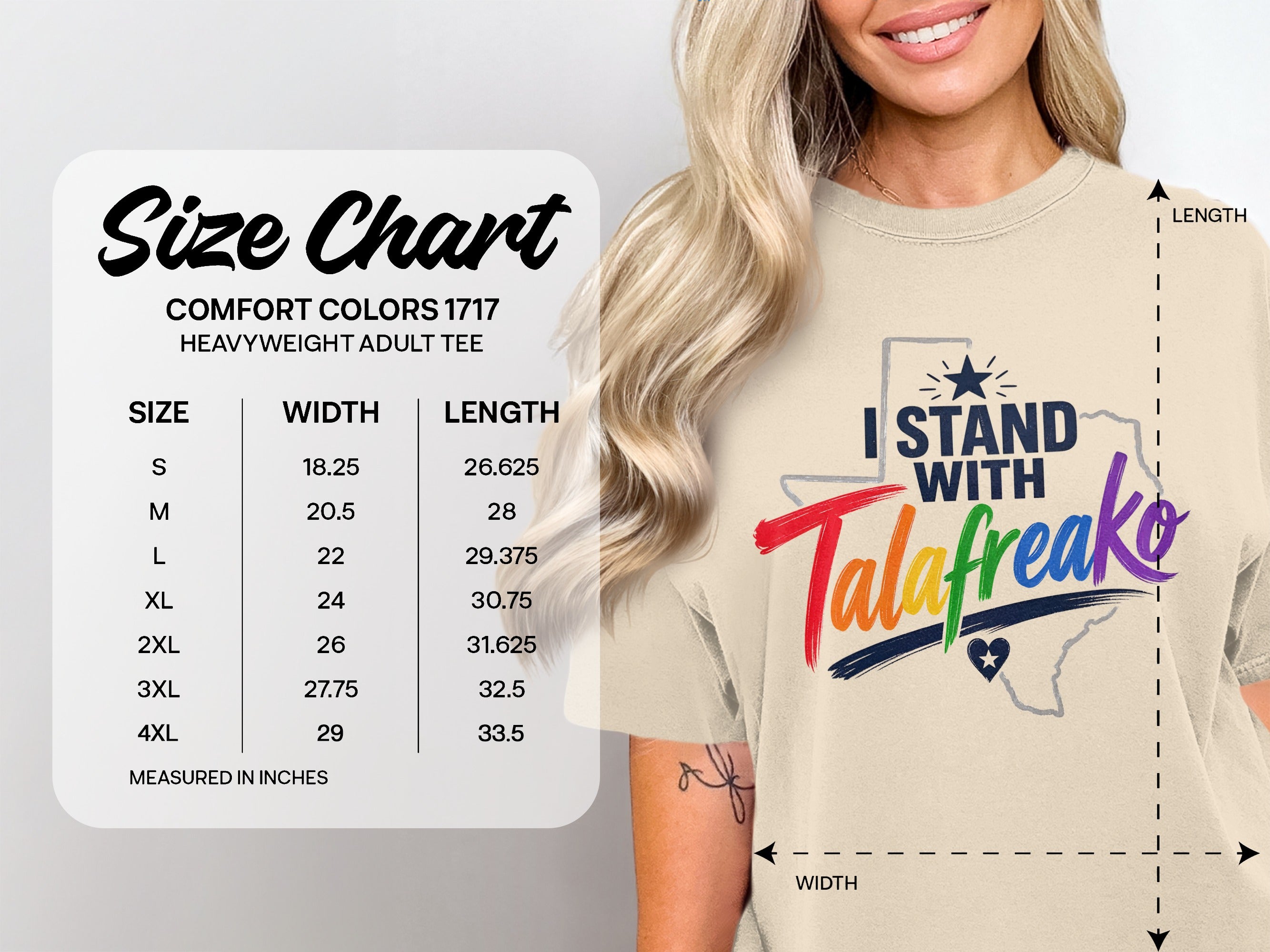 Size chart for Comfort Colors 1717 heavyweight adult tee.