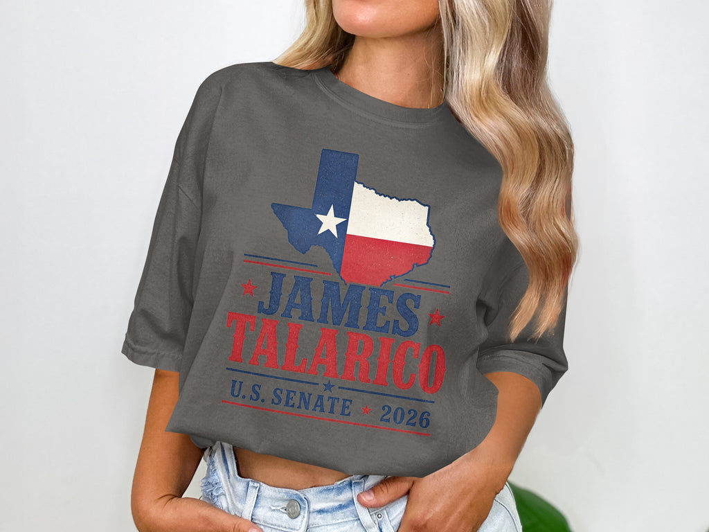 Gray t-shirt with Texas flag shape and "James Talarico U.S. Senate 2026" text.