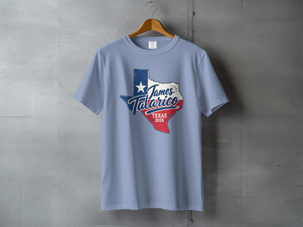 Light blue t-shirt with Texas map graphic and "James Talarico Texas 2026" text.