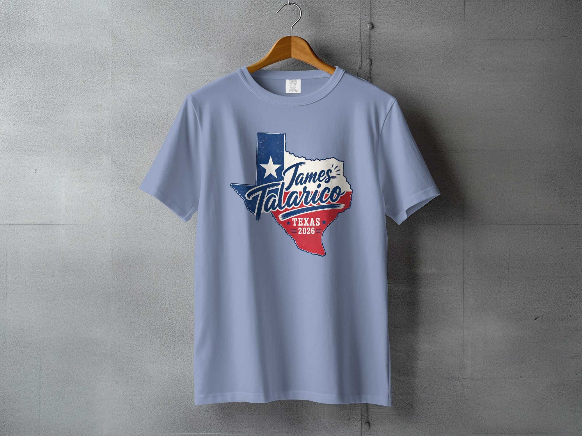 Light blue t-shirt with Texas map graphic and "James Talarico Texas 2026" text.