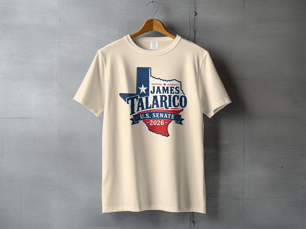 Cream t-shirt with James Talarico U.S. Senate 2026 Texas flag design.