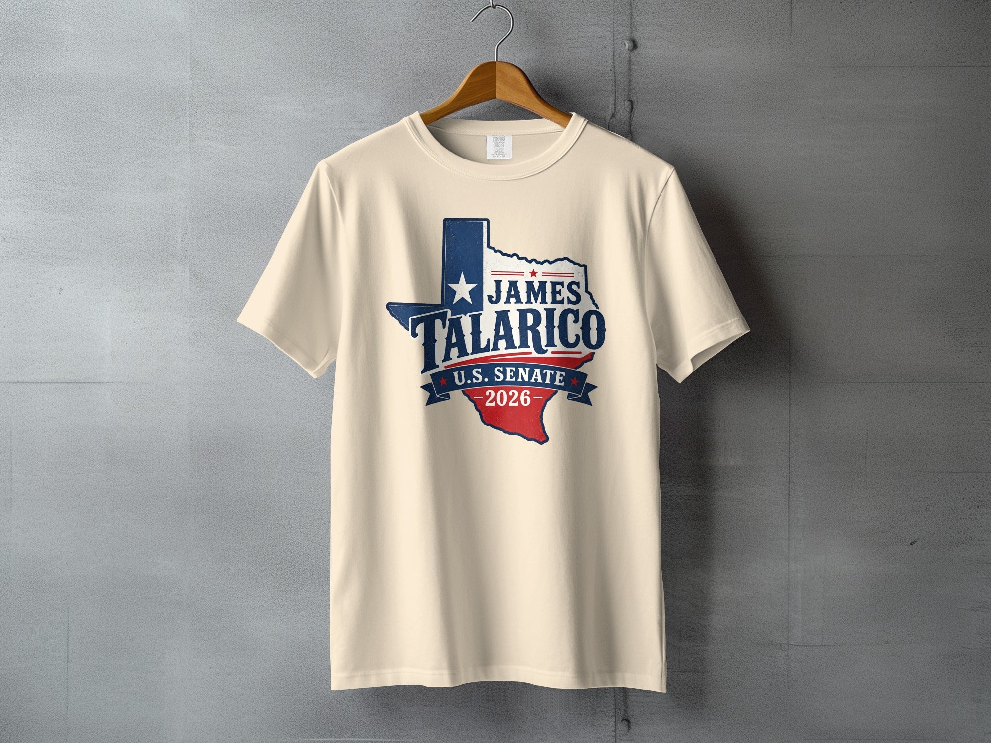 Cream t-shirt with James Talarico U.S. Senate 2026 Texas flag design.