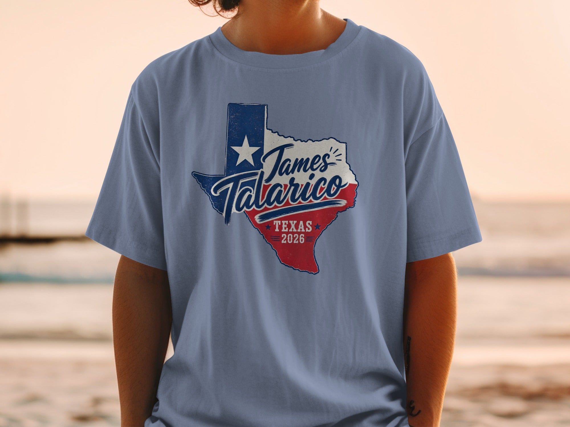 Blue t-shirt with Texas outline map graphic featuring "James Talarico 2026" text.