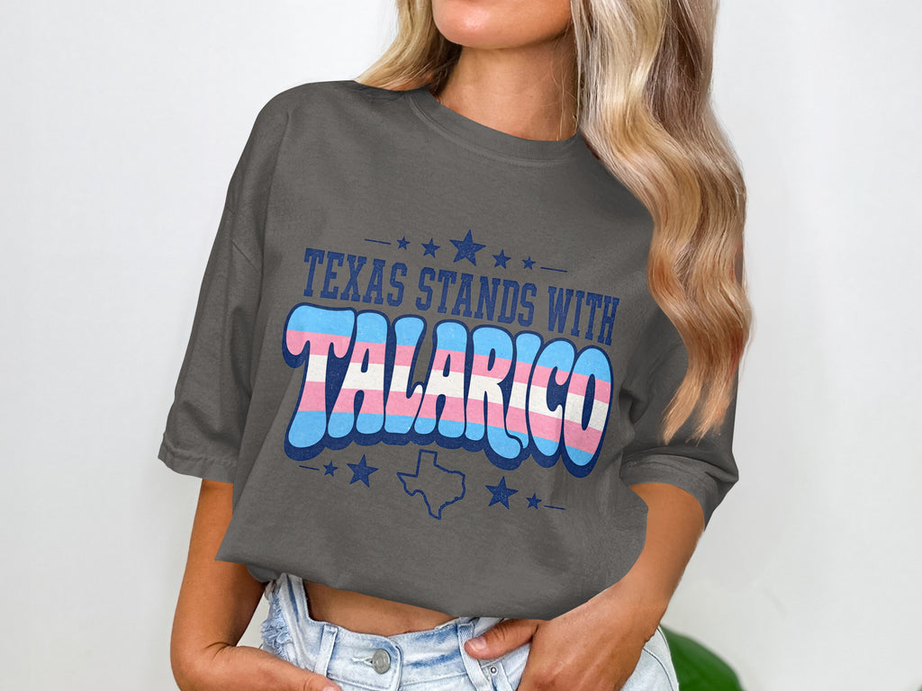 Dark grey t-shirt with "TEXAS STANDS WITH TALARICO" and Texas outline.