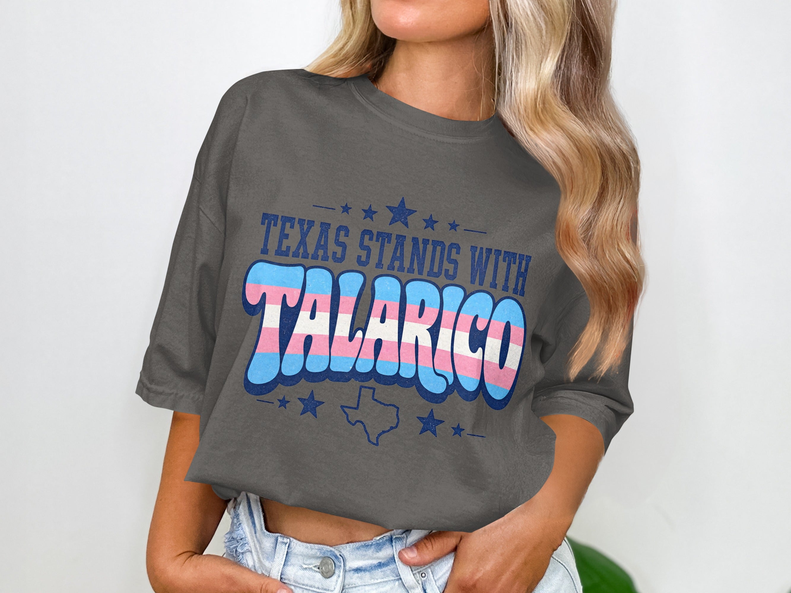 Dark grey t-shirt with "TEXAS STANDS WITH TALARICO" and Texas outline.