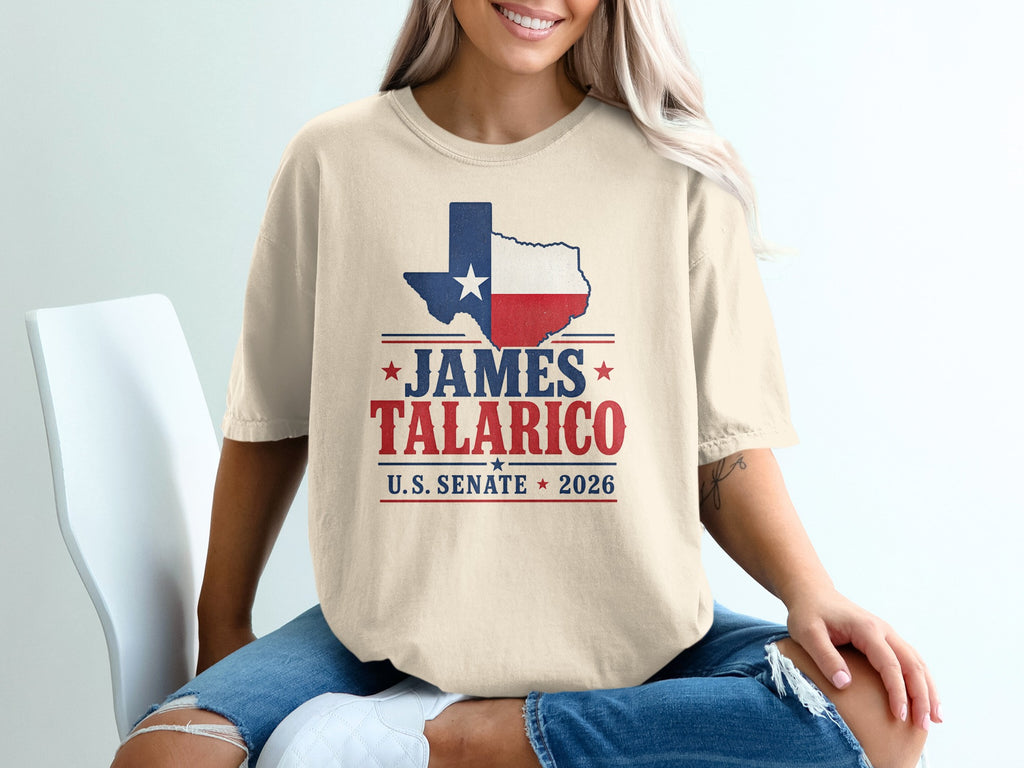 Cream t-shirt with James Talarico U.S. Senate 2026 graphic and Texas state outline.