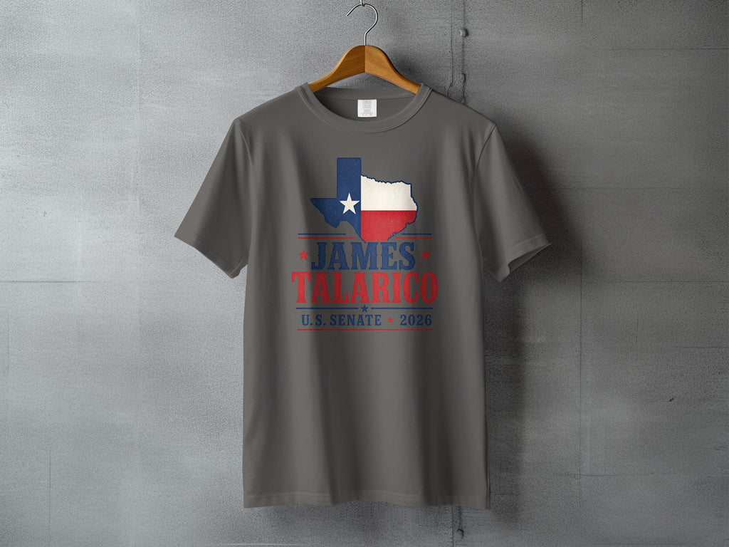 Gray t-shirt with Texas map and "James Talarico U.S. Senate 2026" text.
