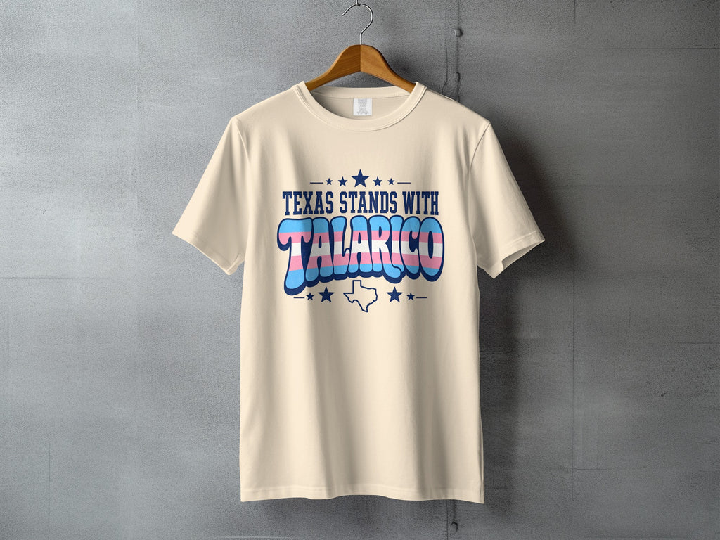 Cream t-shirt with "TEXAS STANDS WITH TALARICO" text and star accents.