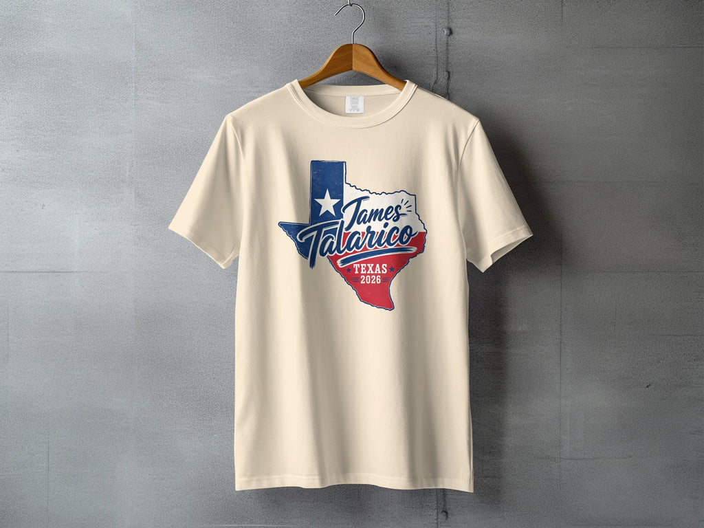 Cream t-shirt featuring a Texas map graphic with "James Talarico Texas 2026".