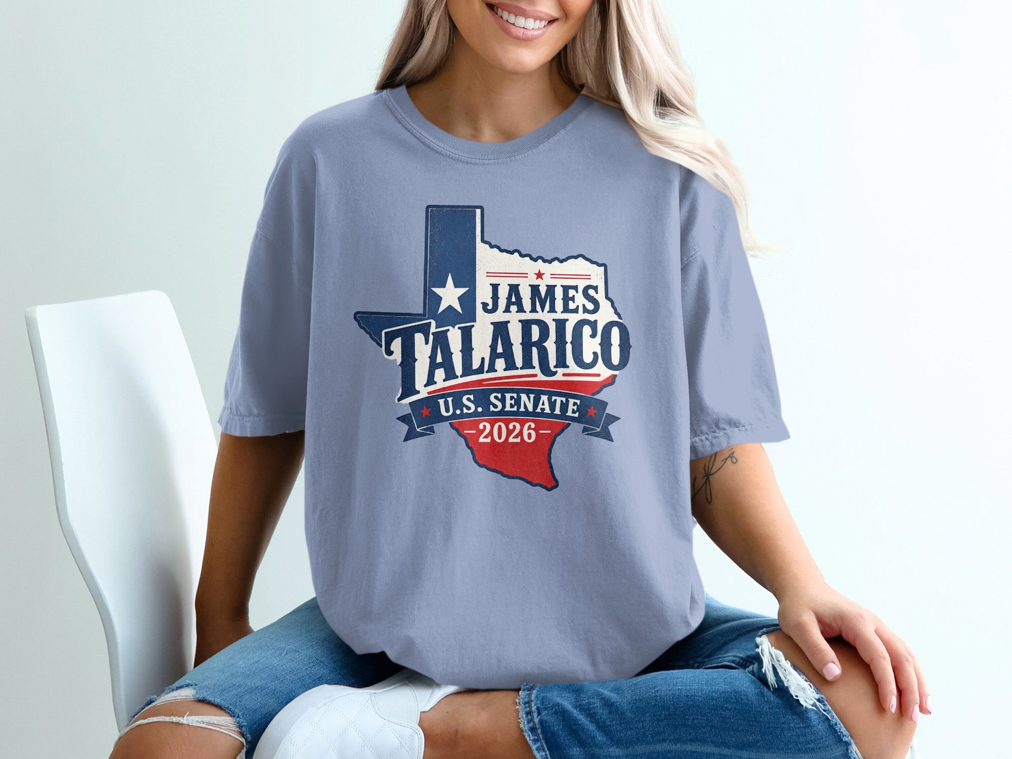 T-shirt with James Talarico U.S. Senate 2026 text and Texas map graphic.