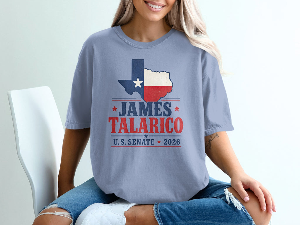 James Talarico U.S. Senate 2026 text and Texas outline on blue t-shirt.