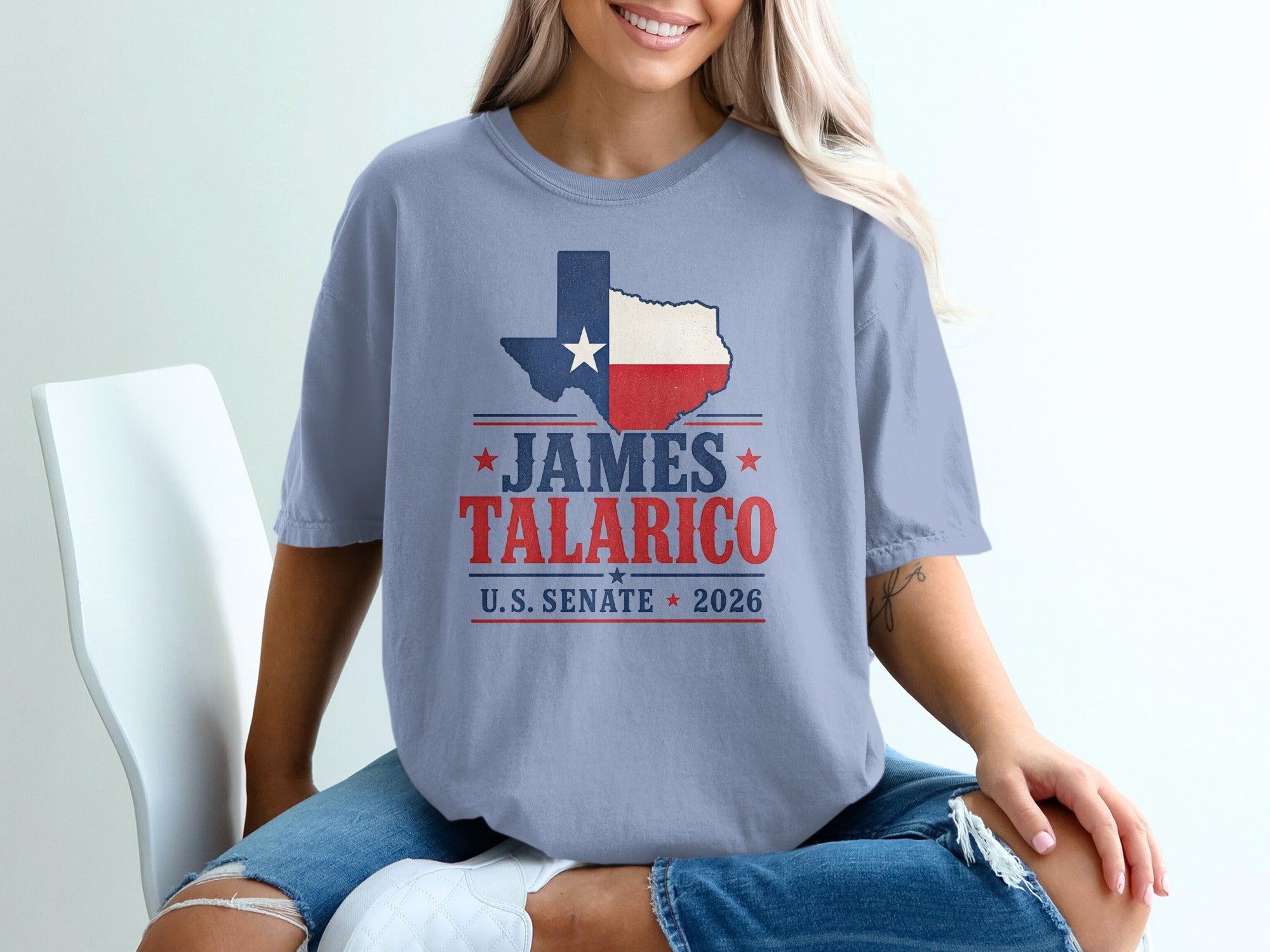 James Talarico U.S. Senate 2026 text and Texas outline on blue t-shirt.